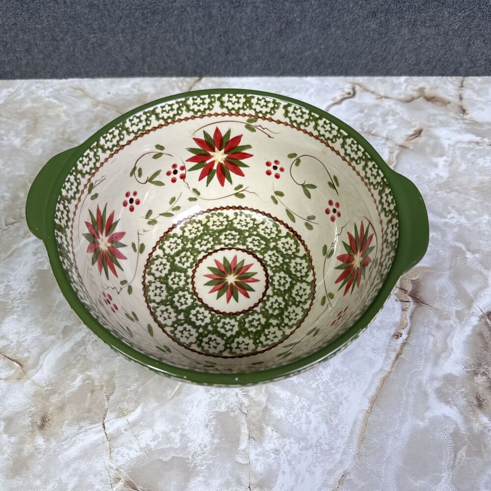 Temptations Old World Red Green 1.5 Qt Serving Dish Bowl w/Handles Poinsettia